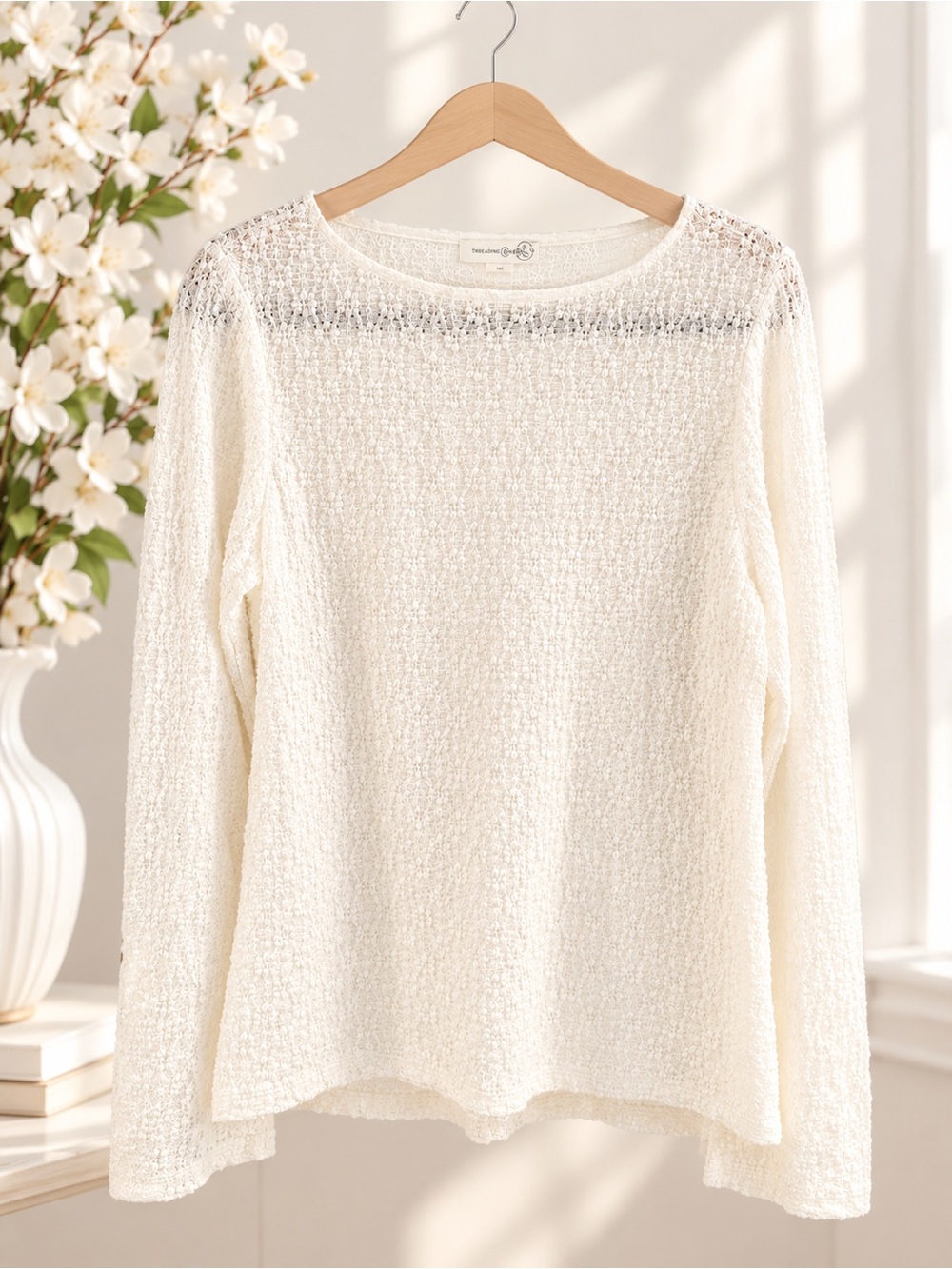 Treasure & Bond Cream Open-Weave Knit Long Sleeve Top